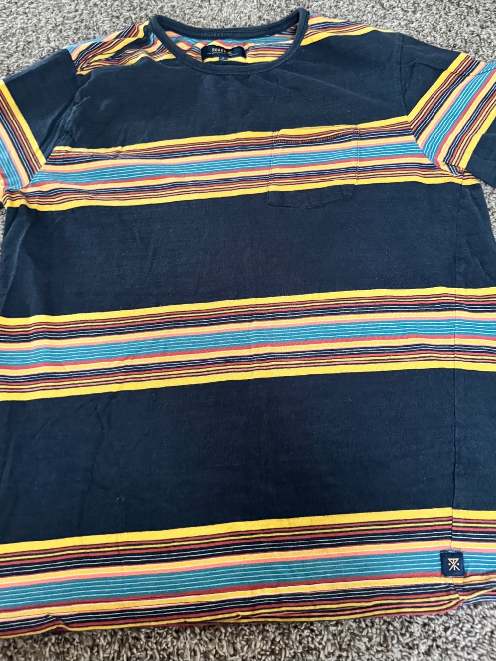 Roark Navy Blue Striped Short Sleeve Tee with Yellow & Teal Accents